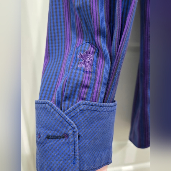 BUGATCHI BUTTON UP DRESS SHIRT FLIP CUFF BLUE & PURPLE STRIPE MEN XL SHAPED FIT - Picture 4 of 11